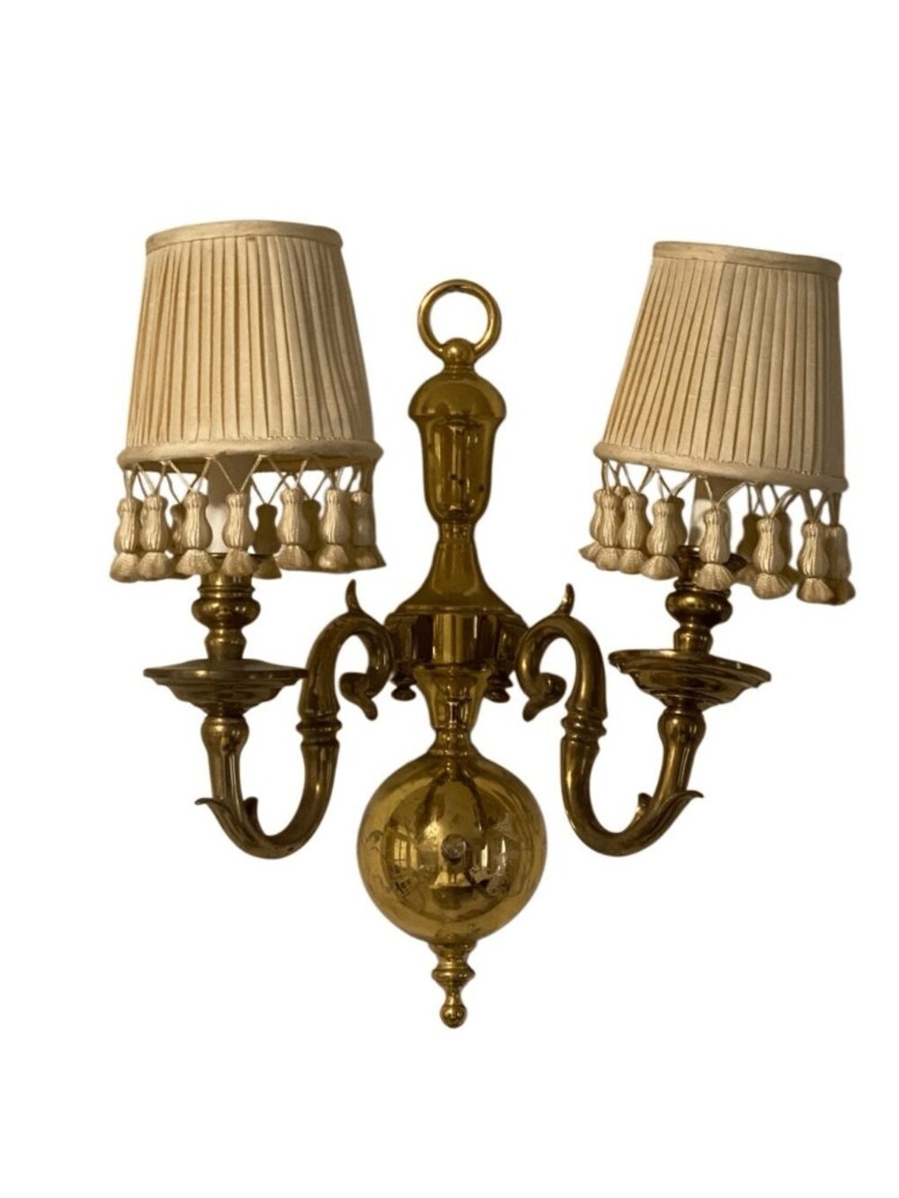 Dutch Baroque Style Solid Brass Two Light Sconce with Shades Vintage